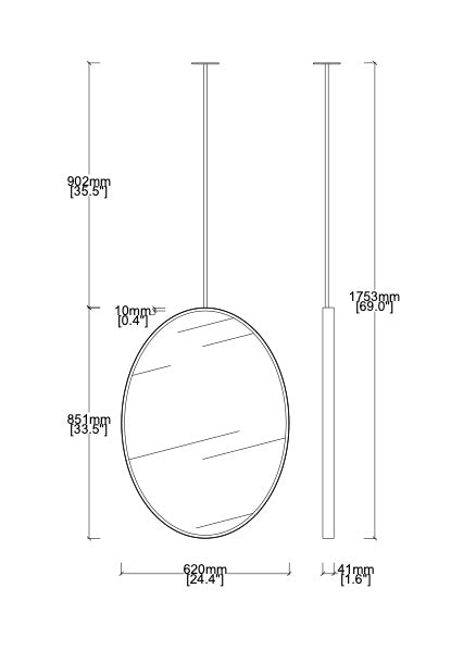 Bespoke Ceiling Suspended Ovalis™ Mirror Minimalist Brushed Brass Frame 1 arm (851 x 620 x 41mm)