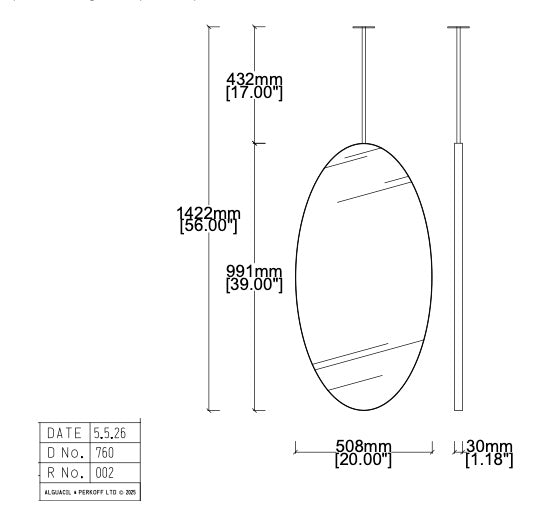 Bespoke ceiling suspended Ovalis™ mirror No illumination Minimalist frame polished brass finish 1 arm  (991 x 508 x 30mm)