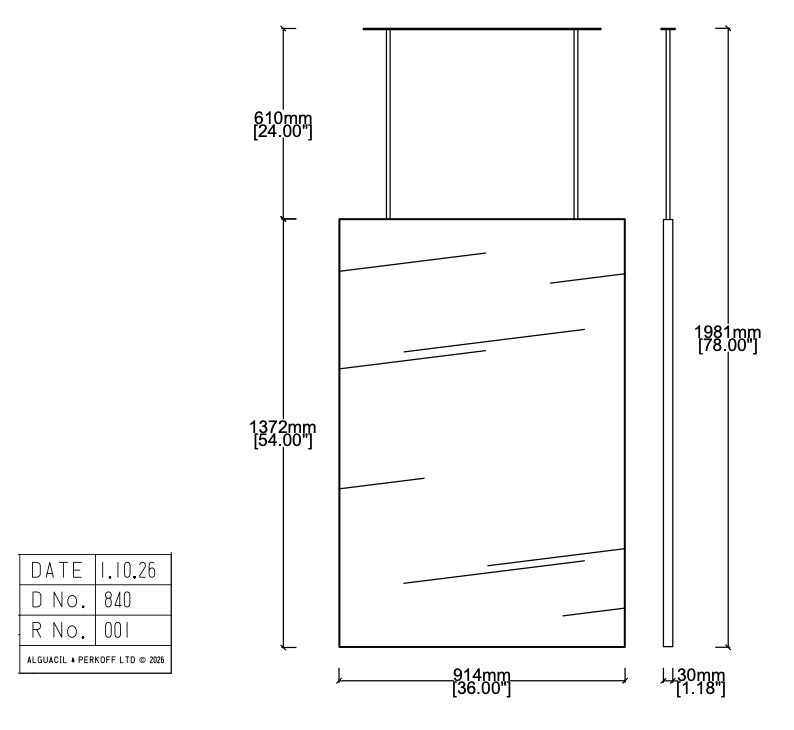 Bespoke Ceiling Suspended Quadris™ Mirror Square Corners No Illumination Minimalist Frame Polished Stainless Steel Finish 2 Arms (1371 X 914 X 30mm)