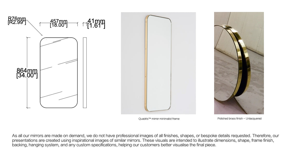 Bespoke Wall Hanging Quadris™ Mirror Minimalist Frame Polished Brass Finish (914 X 457 X 41mm)
