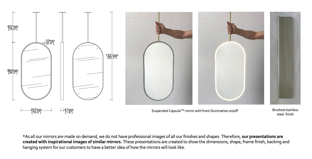 Bespoke Ceiling Suspended Capsula™ Mirror Minimalist Frame Brushed Stainless Steel Finish Double-sided – Screws Front Illumination - 1 Arm (864 x 457 x 41mm)
