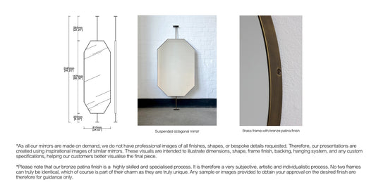 Bespoke floor-to-ceiling Octagonal™ mirror No illumination Minimalist brass frame with Neska bronze patina finish 1 arm - 1 Leg  (1676 x 610 x 30mm)