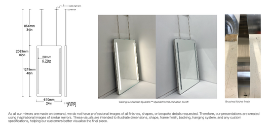 Bespoke ceiling suspended Quadris™ mirror Minimalist frame brushed nickel plated finish (1219 x 610 x 41mm)