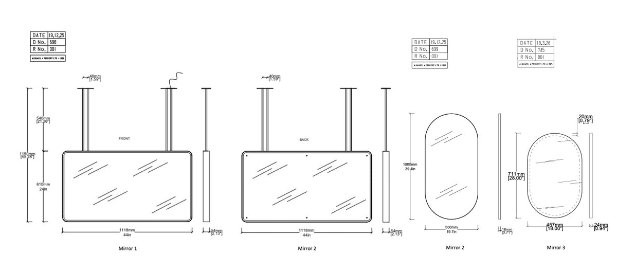 Set of 3 Bespoke Mirrors: 1 x Suspended Quadris™ and 2 x Wall Hanging Capsula™ Mirrors