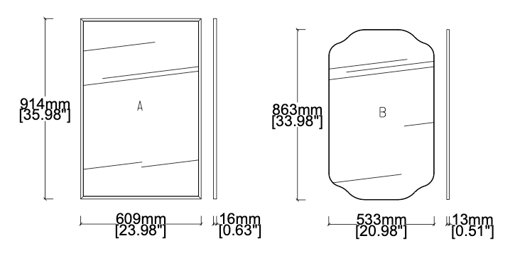 2 Bespoke Mirrors- Wall hanging Quadris Full Frame (914 x 609 x 16mm) - Bespoke shaped mirror panel (863 x 533 x 13mm)
