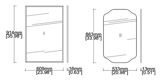 2 Bespoke Mirrors- Wall hanging Quadris Full Frame (914 x 609 x 16mm) - Bespoke shaped mirror panel (863 x 533 x 13mm)