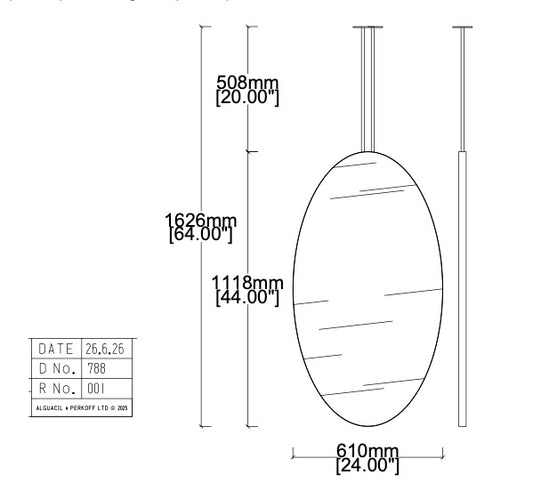 Set of 2 Bespoke Ceiling Suspended Ovalis™ Mirrors No Illumination Minimalist Frame Polished Brass Finish Unlacquered – Gloves 2 Arms  (1118 X 610 X 30mm)