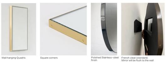 Set of Bespoke Quadris Mirrors in Polished Stainless-Steel 750 x 450mm, Wall Hanging and Ceiling to Countertop with 4 Rods