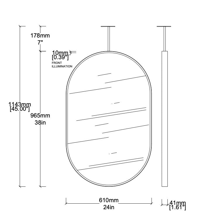 Set of 2 Bespoke Ceiling Suspended Capsula™ Mirrors Front Illumination Minimalist Frame Brushed Stainless Steel Frame Finish and Cacking 1 Arm (965 x 610 x 41mm)