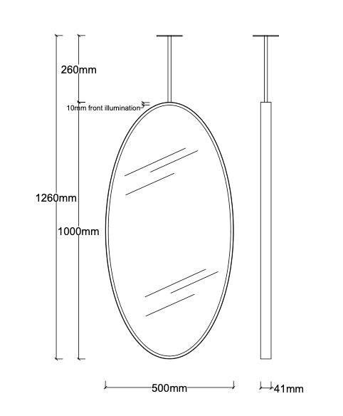 Set of 2 Bespoke Ceiling Suspended Ovalis™ Mirrors Front Illumination Minimalist Brushed Brass Frame and Backing 1 Arm