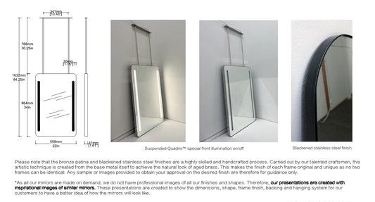 Bespoke Ceiling Suspended Quadris™ Mirror Special Front Illumination 2 Light Strips Minimalist Frame Blackened Stainless Steel Finish 2 Arms (864 x 559 x 41mm)