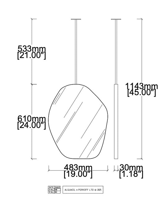 Bespoke Ceiling Suspended Roca™ Mirror No Illumination Minimalist Frame Brushed Brass Finish 1 Arm (610 x 482 x 30mm)