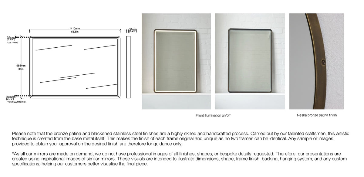 Set of 2 Bespoke Wall hanging Quadris™ Mirrors Round Corners Front illumination- 20mm Sandblasting Full Frame Mitred Brass with Neska Bronze Patina Finish (965 x 1410 x 59mm)
