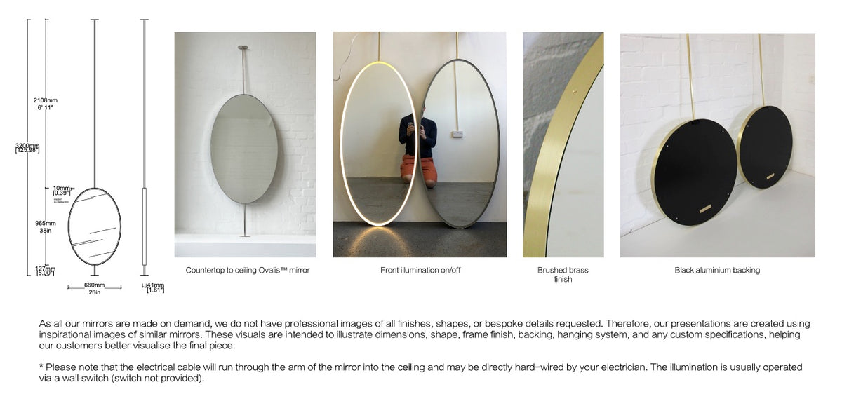 Countertop To Ceiling Ovalis Mirror Front Illumination- Minimalist Frame Brushed Brass Finish  1 Arm - 1 Leg  (965 X 660 X 41mm)