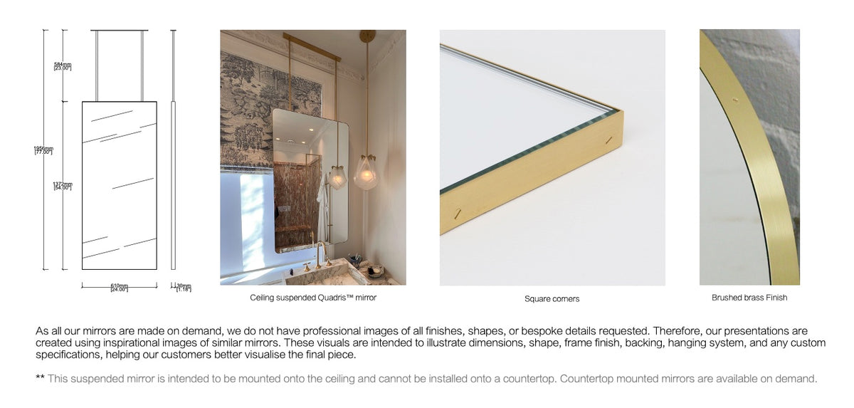 Bespoke Ceiling Suspended Quadris™ Mirror Minimalist Frame Brushed Brass Finish (1372 x 610 x 30mm)