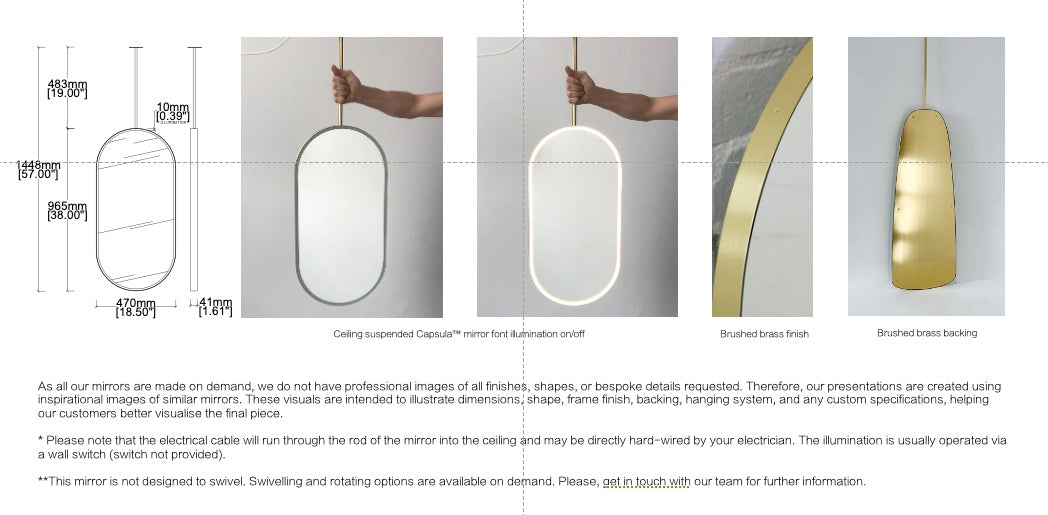 Set of 2 Bespoke Ceiling Suspended Capsula™ Mirrors Front Illumination Minimalist Frame Brushed Brass Finish  1 Arm (965 X 470 X 30mm)