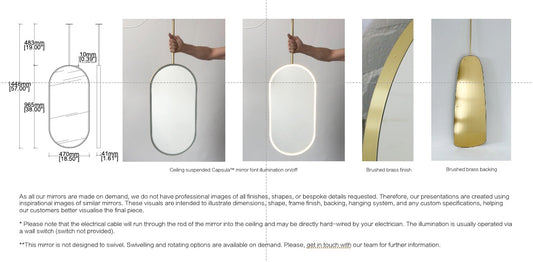 Set of 2 Bespoke Ceiling Suspended Capsula™ Mirrors Front Illumination Minimalist Frame Brushed Brass Finish  1 Arm (965 X 470 X 30mm)