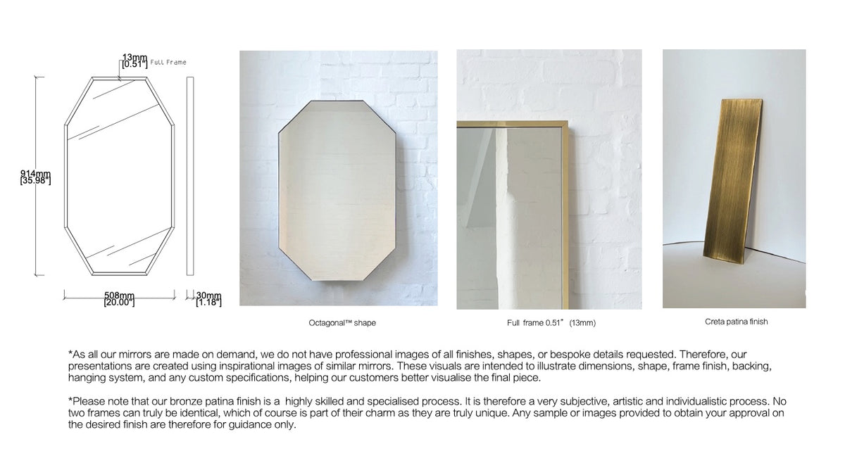 Bespoke Wall Hanging Octagonal™ Mirror  No Illumination Brass Frame with Creta Bronze Patina Finish  Full Frame  (914 x 508 x 30mm)