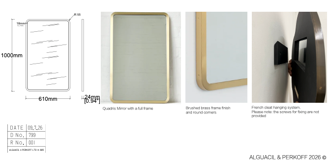 Bespoke wall hanging Quadris™ Mirror Full Frame Brushed Brass Finihs (1000x610x24mm)