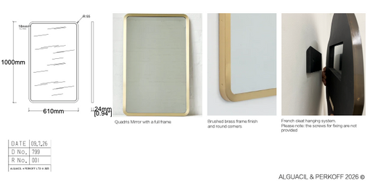 Bespoke wall hanging Quadris™ Mirror Full Frame Brushed Brass Finihs (1000x610x24mm)