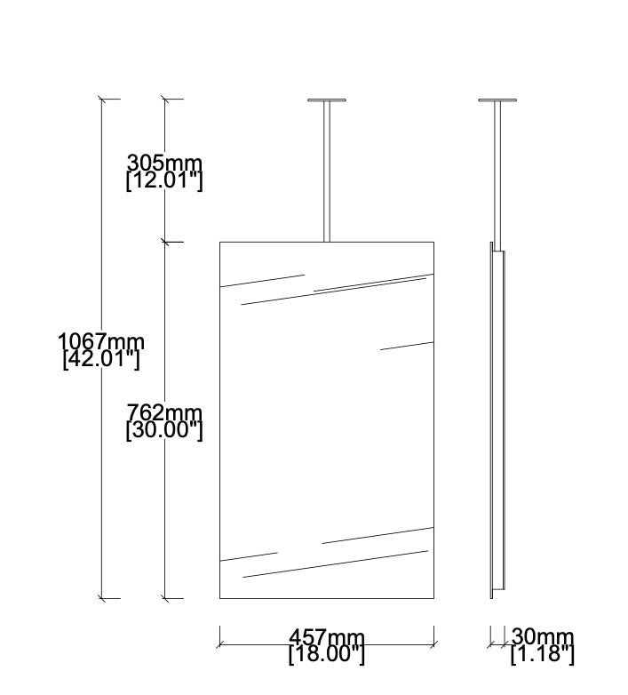 Bespoke Ceiling suspended Quadris™ Mirror Square Corners No Illumination Frameless 1 Arm (762 x 457 x 6 x 31mm)