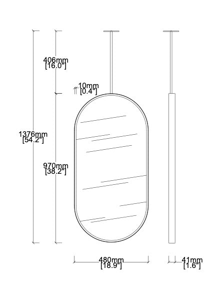 Bespoke Suspended Capsula™ Mirror Minimalist Matte Black Frame 1 Rod Bespoke Front Illumination (970 x 480 x 41mm)