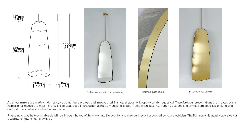 Set Of 2 Bespoke Ceiling Suspended Tear Drop Mirror No Illumination Minimalist Frame Brushed Brass Finish 1 Arm (933 X 368 X 30mm)
