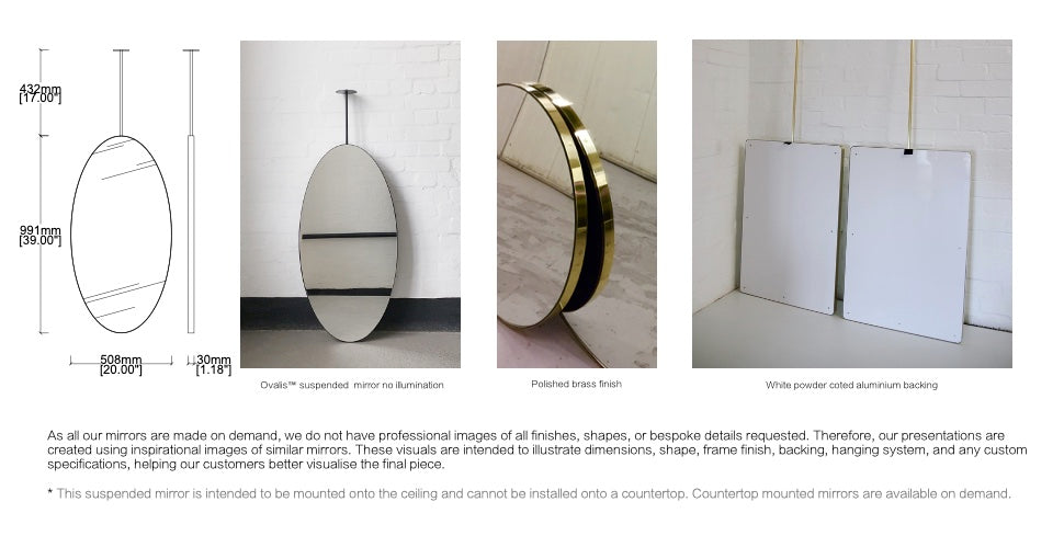 Bespoke ceiling suspended Ovalis™ mirror No illumination Minimalist frame polished brass finish 1 arm  (991 x 508 x 30mm)