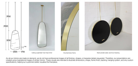 Bespoke Ceiling Suspended Tear Drop Mirror No Illumination Minimalist Frame Brushed Brass Finish 1 Arm (1333 X 635 X 30mm)