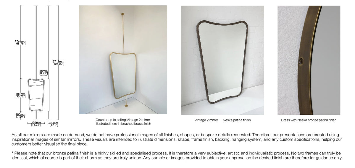 Bespoke Countertop To Ceiling Vintage 2 Mirror No Illumination Full Frame – Seamless Brass With Neska Bronze Patina Finish 1 Arm  1 Leg (780 X 399 X 30mm)