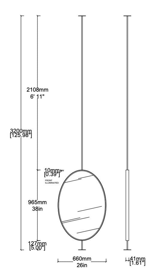 Countertop To Ceiling Ovalis Mirror Front Illumination- Minimalist Frame Brushed Brass Finish  1 Arm - 1 Leg  (965 X 660 X 41mm)