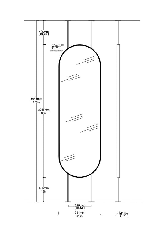 Bespoke Floor to Ceiling Capsula™ Mirror Front Illumination Minimalist Frame Polished Stainless Steel Finish 2 Arms 2 Legs (2235 x 711 x 41mm)