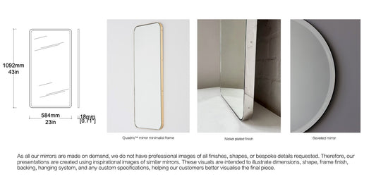 Bespoke Wall Hanging Quadris™ Mirror Round Corners No Illumination Bevelled Minimalist Frame Nickel Plated Finish  (1092 X 584 X 18mm)