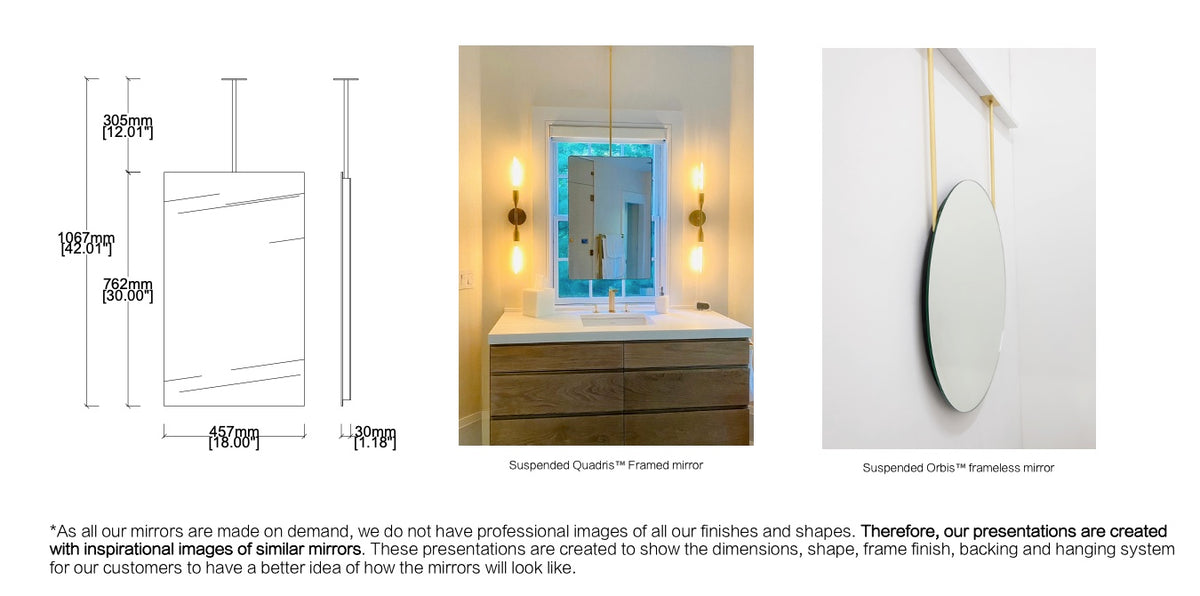 Bespoke Ceiling suspended Quadris™ Mirror Square Corners No Illumination Frameless 1 Arm (762 x 457 x 6 x 31mm)