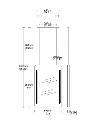 Bespoke Ceiling Suspended Quadris™ Mirror Special Front Illumination 2 Light Strips Minimalist Frame Blackened Stainless Steel Finish 2 Arms (864 x 559 x 41mm)