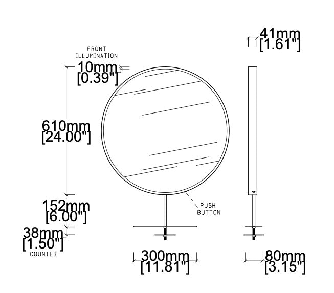 Bespoke Countertop Orbis™ Mirror Front Illumination Minimalist Frame Brushed Brass Finish 1 Leg (610 X 41mm)