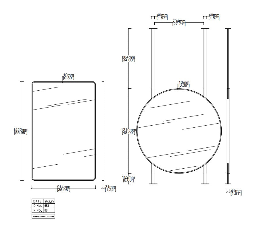 Second Payment - Set of 3 Bespoke Mirrors: 2 x Wall Hanging Quadris™ and 1 x Countertop to Ceiling Orbis™