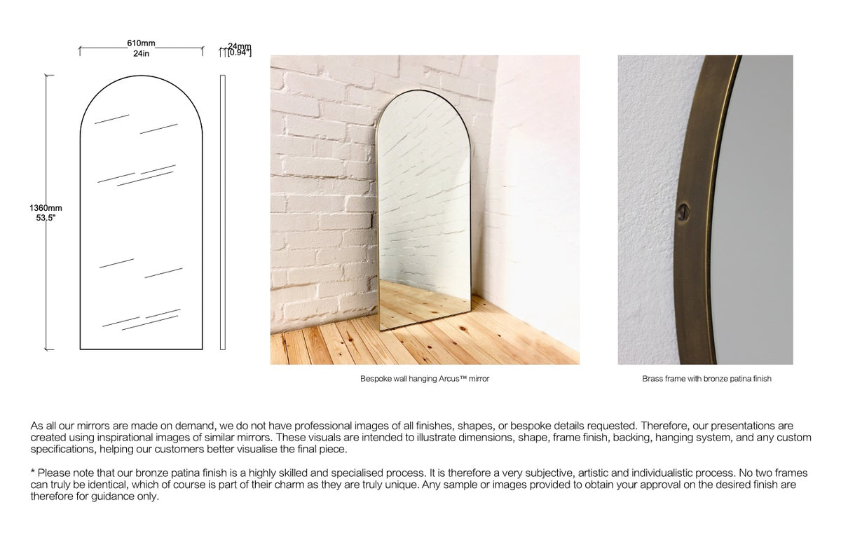 Bespoke Wall Hanging Arcus™ Mirror Minimalist Brass Frame with Neska Bronze Patina Finish (1360 x 610 x 24mm)