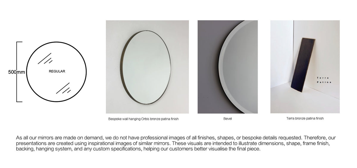 Set of 2 Bespoke Wall Hanging Orbis™ Mirrors Bevelled Minimalist Brass Frame with Terra Bronze Patina Finish (500 x 18mm)