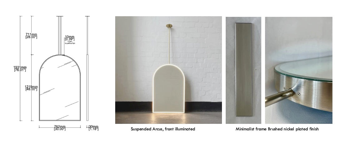Bespoke Ceiling Suspended Arcus™ Mirror Front Illumination Minimalist Frame Brushed Nickel Plated Finish 2 Arms (1219x 762 x 41mm)