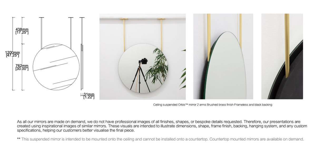 Bespoke Ceiling Suspended Orbis™ Mirror No Illumination Frameless 2 Arms – Brushed Brass Finish (762 X 6 X 31mm)