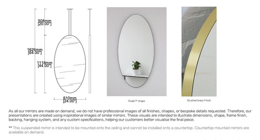 Set of 2 Bespoke Ceiling Suspended Ovalis™ Mirrors No Illumination Minimalist Frame Polished Brass Finish Unlacquered – Gloves 2 Arms  (1118 X 610 X 30mm)