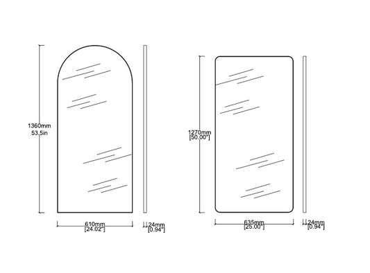 Set of 2 Bespoke Mirrors: Arcus™ (1360 x 610 x 24mm) - Quadris™ (1270 x 635 x 24mm)