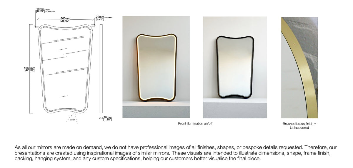 Set of 2 Bespoke Wall Hanging Vintage Series 2 Front Illumination Full Frame Brushed Brass Finish – Unlacquered  (1067 x 660 x 41mm)