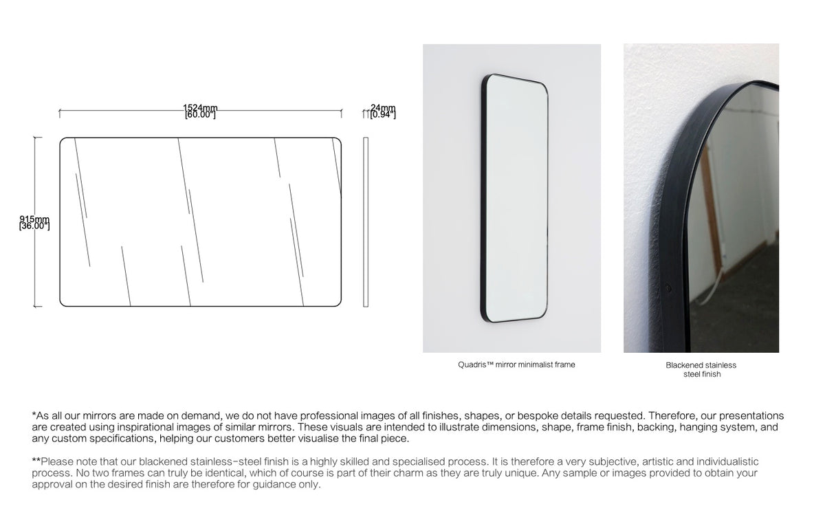 Bespoke Wall Hanging Quadris™ Mirror Minimalist Frame Blackened Stainless Steel Finish (914 x 1524 x 24mm)