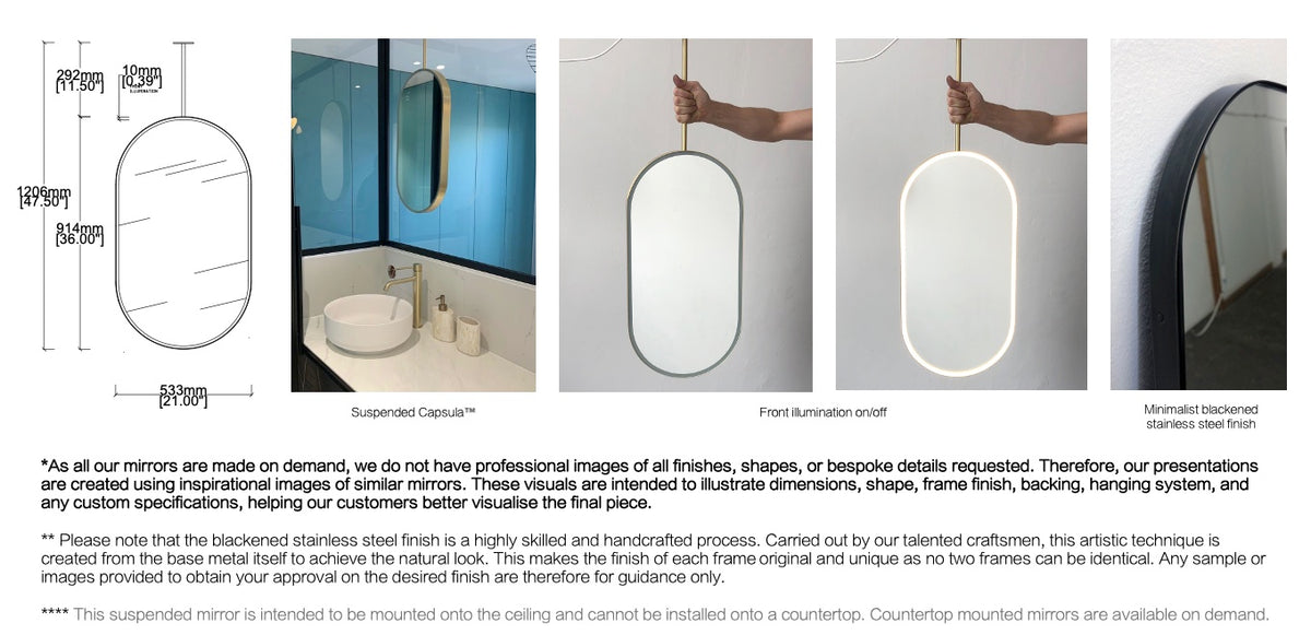 Set of 2 Bespoke Ceiling Suspended Capsula™ Mirrors Front Illumination Minimalist Frame Blackened Stainless Steel Finish 1 Arm (914 x 533 x 41mm)