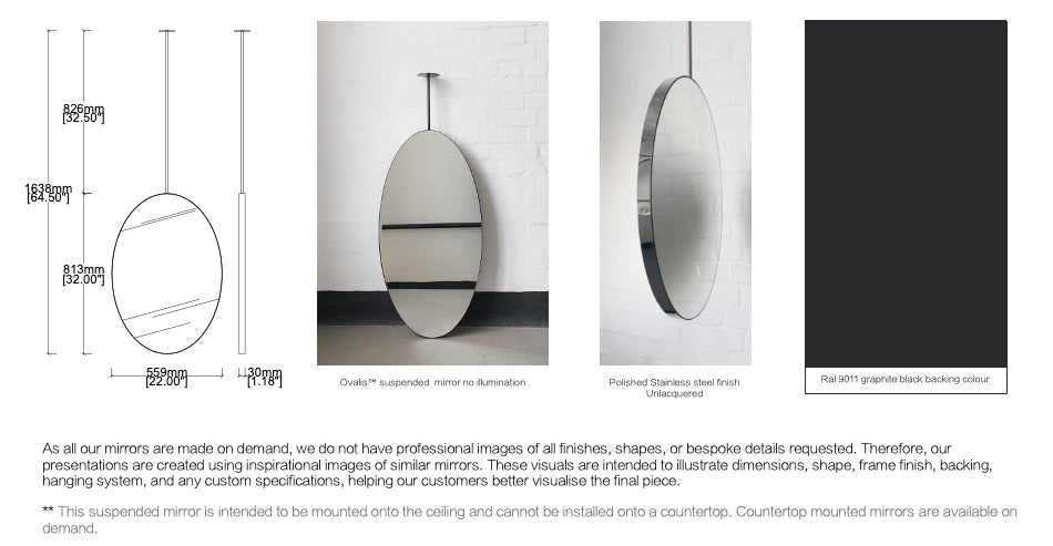 Set of 2 Bespoke Ceiling Suspended Ovalis No Illumination Minimalist Frame Polished Stainless Steel Finish 1 arm (813 x 559 x 30mm)