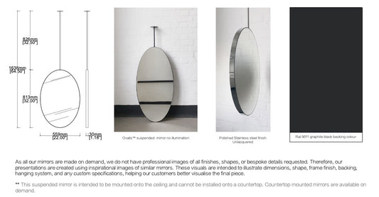 Set of 2 Bespoke Ceiling Suspended Ovalis No Illumination Minimalist Frame Polished Stainless Steel Finish 1 arm (813 x 559 x 30mm)
