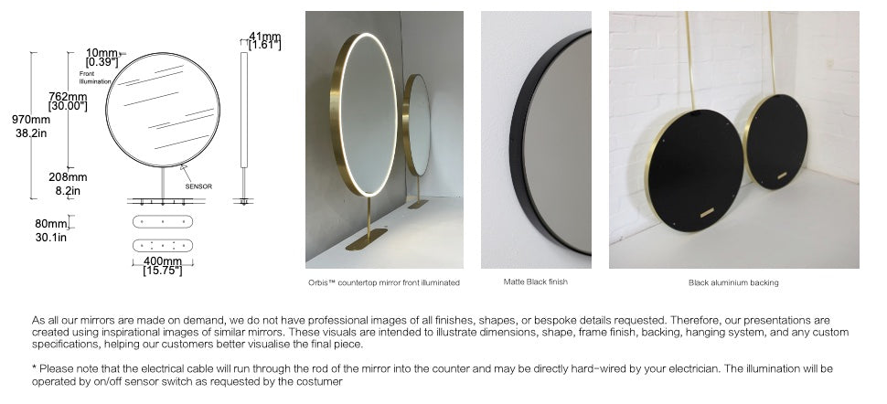 Bespoke Countertop Orbis™ Mirror Front Illumination- On/Off Sensor Switch  Minimalist Frame Matte Black Finish (RAL 9005) 1 Leg (762 X 41mm)