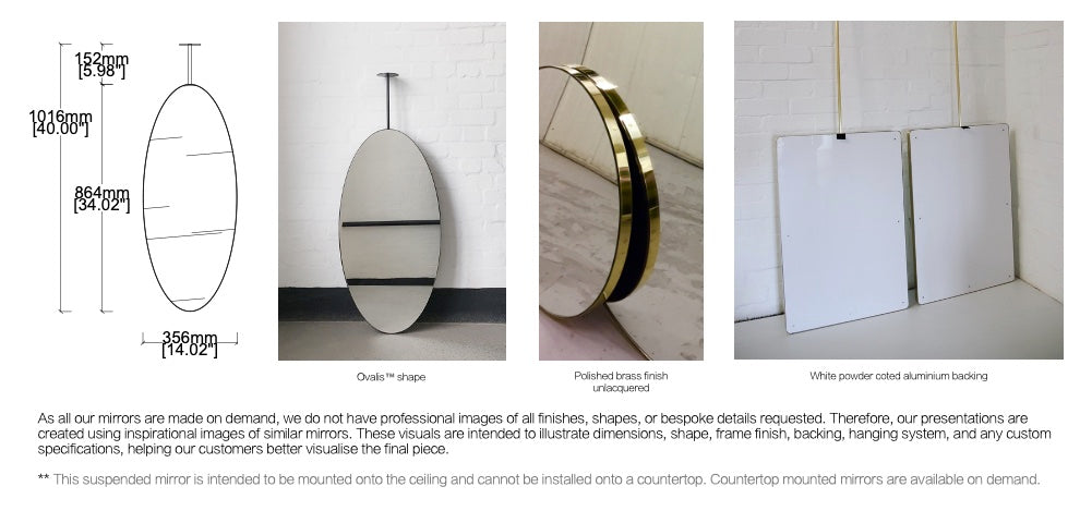 Bespoke Ceiling Suspended Ovalis™ Mirror No Illumination Minimalist Frame Polished Brass Finish – Unlacquered  1 arm (864 x 356 x 30mm)
